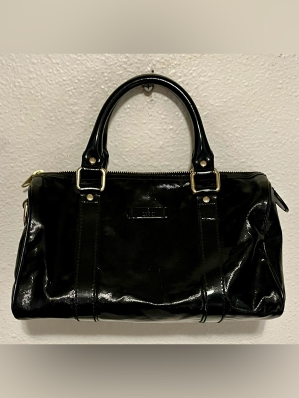 GUCCI GG Imprime Joy Small Mini Boston Bag Black Glossy Leather Guccissima